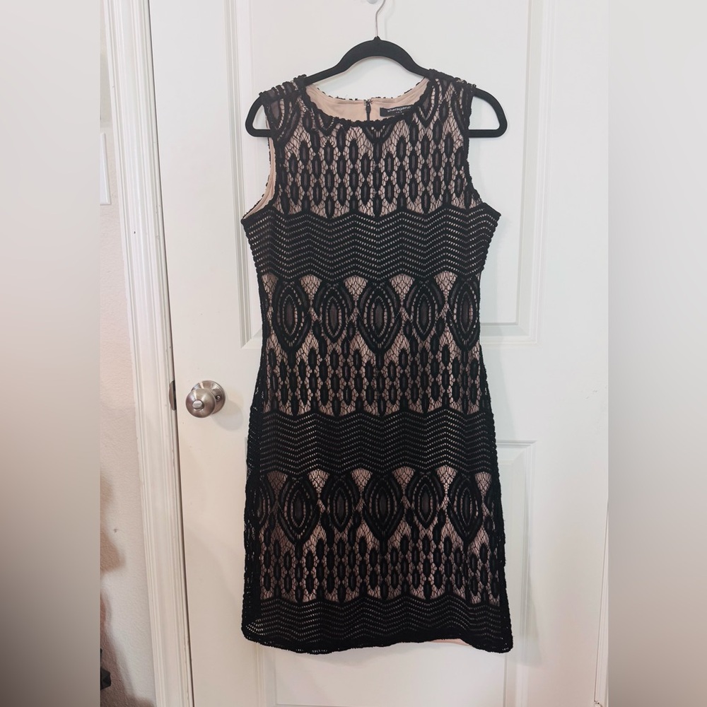 Sharagano Black and Cream Lace Midi Dress